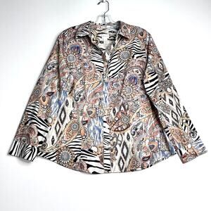 Chicos Effortless Autumn Fun Caroline Shirt Long Sleeve Brown Tan Womens 2 Large